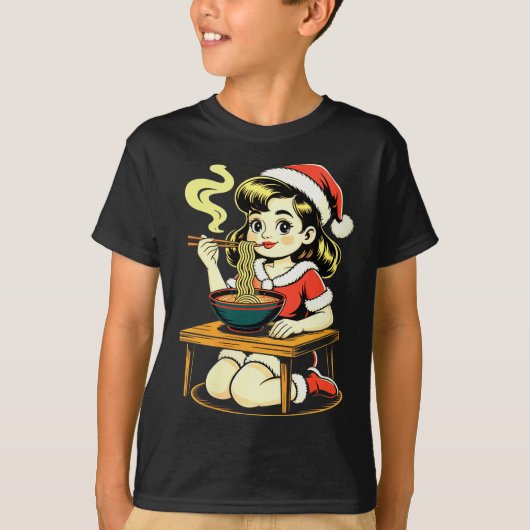 Womens Anime Ramen Xmas Kawaii Santa Girl Eating J T-shirt (Voorkant)