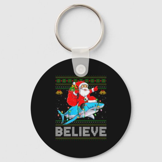 Womens Believe Xmas Funny Santa Riding Shark Ugly Sleutelhanger (Voorkant)