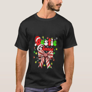Womens Bestie Claus Coquette Bow Candy Cane Santa  T-shirt