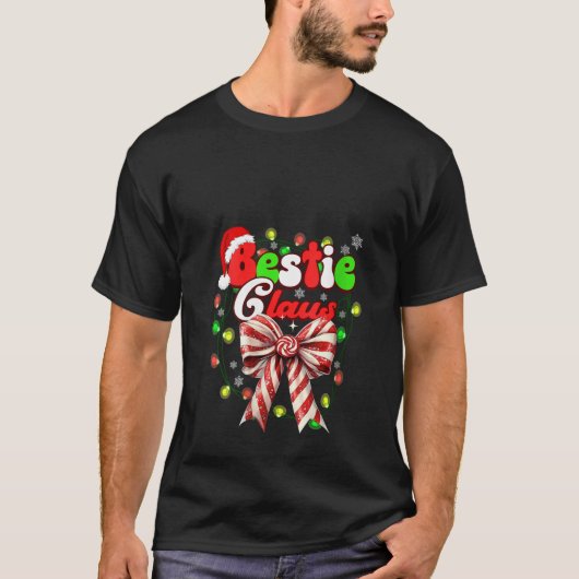 Womens Bestie Claus Coquette Bow Candy Cane Santa  T-shirt (Voorkant)