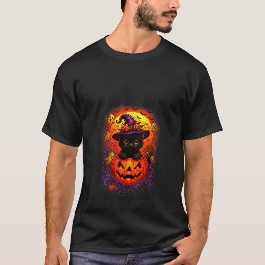 Womens Black Cat Witch Hat Pumpkin Funny Halloween T-shirt (Voorkant)