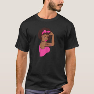 Womens Black Rosie Riveter Afro Breast Cancer Awar T-shirt