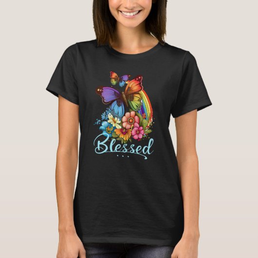 Womens Blessed Christian Butterfly Pretty Floral R T-shirt (Voorkant)