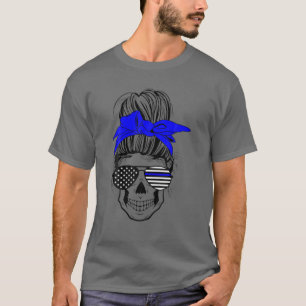 Womens Blue Flag Police Messine Bun Wife Mam T-shirt