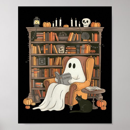 Womens Bookish Ghost Haunted Library Cat Bookworm  Poster (Voorkant)