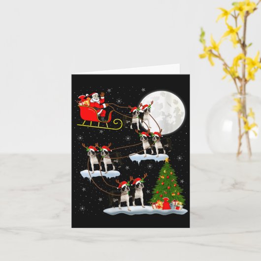 Womens Boston Terrier Dog Santa Sleigh Flying Funn Kaart (Gele Bloem)