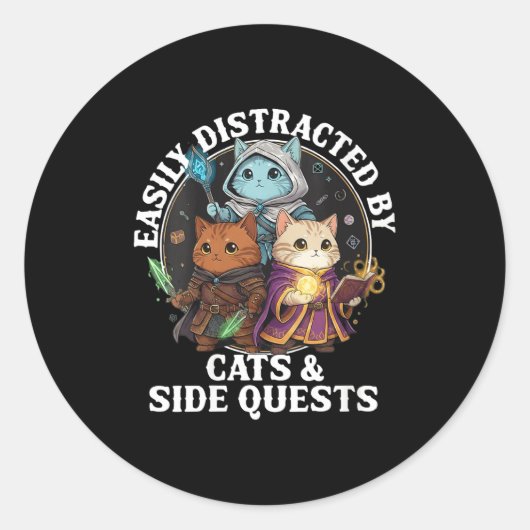 Womens Cats Side Quest Distracted Tabletop Funny S Ronde Sticker (Voorkant)