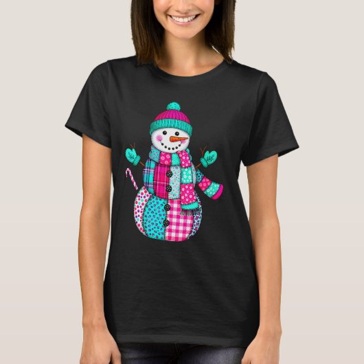 Womens Christmas Patchwork Snowman Preppy Retro Me T-shirt (Voorkant)