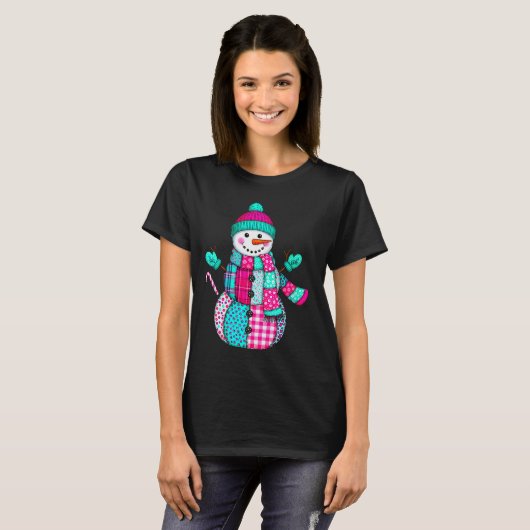 Womens Christmas Patchwork Snowman Preppy Retro Me T-shirt (Voorkant volledig)