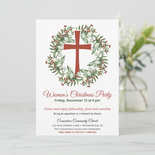Women's Church Christmas Party Wreath Kaart (Staand voorkant)