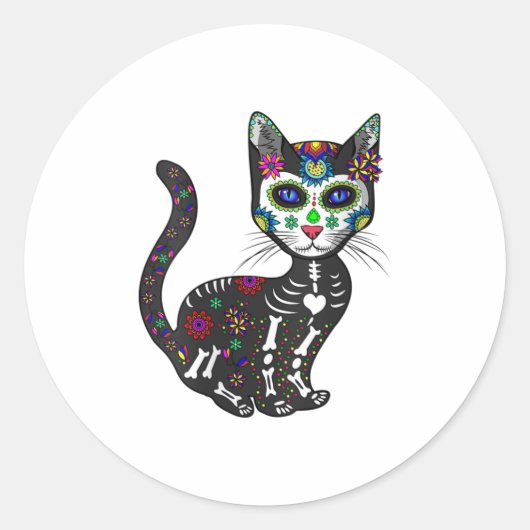 Womens Craneo de Gato Sugar Skull Cat Hallow Ronde Sticker (Voorkant)