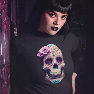Womens Creepy Horror Gothic Snoep Skull Flower T-shirt