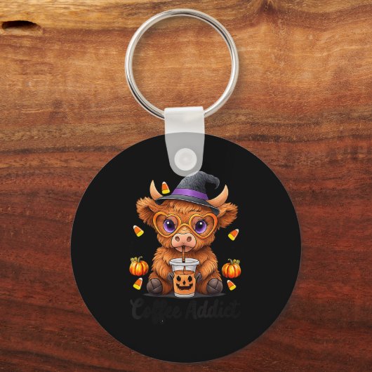Womens Cute Cow Drinking Coffee Halloween Art V-ne Sleutelhanger (Voorkant)