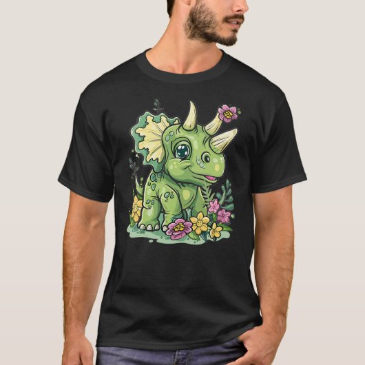 Womens Cute Triceratops Dinosaur With Flowers I Tr T-shirt (Voorkant)