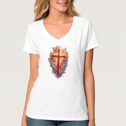 Women's Flaming Christian Cross V-Neck Tee T-shirt (Voorkant)