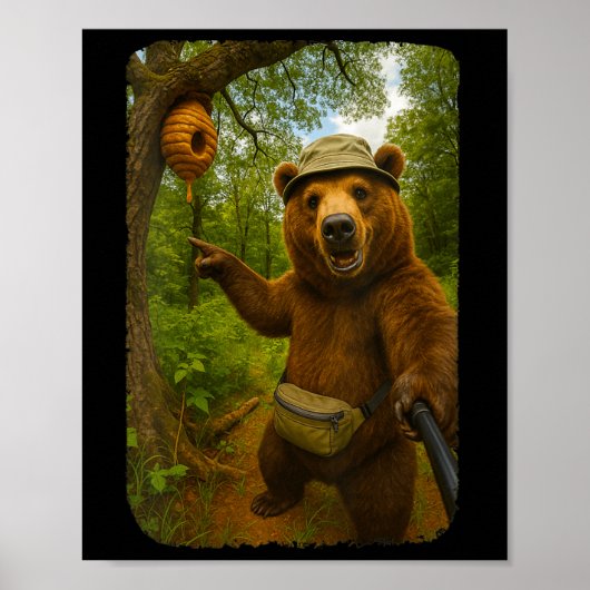 Womens Funny Bear Selfie Near Beehive Hiking Throu Poster (Voorkant)