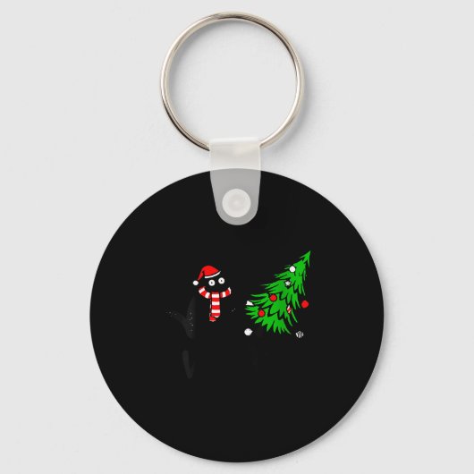 Womens Funny Black Cat Gift Pushing Christmas Tree Sleutelhanger (Voorkant)