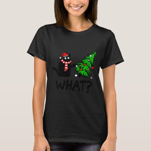 Womens Funny Black Cat Gift Pushing Christmas Tree T-shirt (Voorkant)