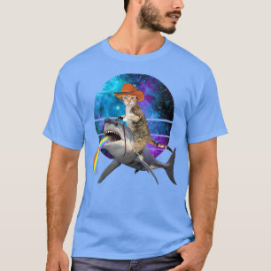Womens Funny Cat Riding Shark Puking Rainbow Galay T-shirt