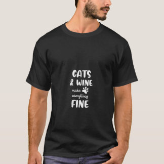 Womens Funny Cats and Wine Make Everything Fine V  T-shirt