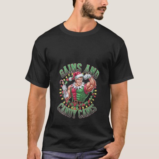 Womens Gains and Candy Canes Funny Christmas Elf G T-shirt (Voorkant)