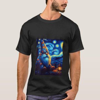 Womens Gnome Under Starry Night Sky Art Graphic Bi T-shirt