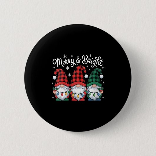 Womens Gnomes Merry And Bright Christmas Lights Bu Ronde Button 5,7 Cm (Voorkant)