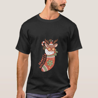 Womens Groovy Christmas Reindeer Stocking Cute Ret T-shirt