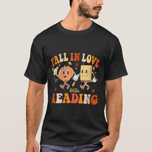 Womens Groovy Fall In Love With Reading Thanksgivi T-shirt (Voorkant)