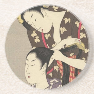 Womens Hairdressing Utamaro Yuyudo Ukiyo-e Art Zandsteen Onderzetter