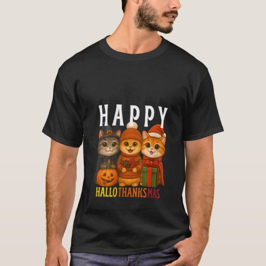 Womens Happy Hallothanksmas Cats Halloween Thanksg T-shirt (Voorkant)