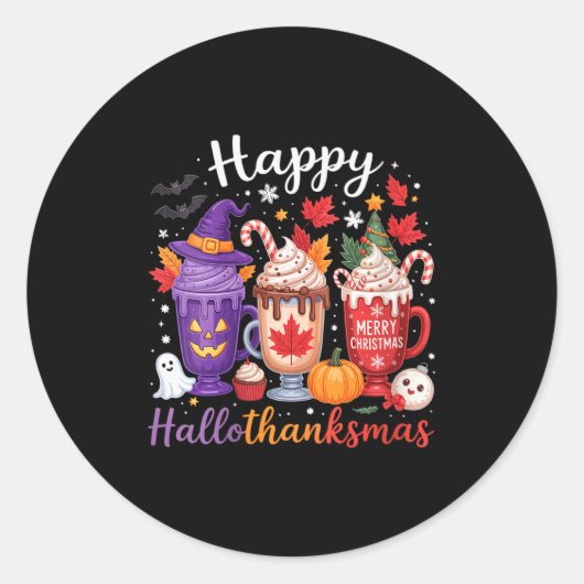 Womens Happy Hallothanksmas Coffee Lover Halloween Ronde Sticker (Voorkant)