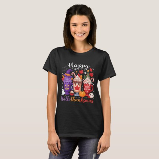 Womens Happy Hallothanksmas Coffee Lover Halloween T-shirt (Voorkant volledig)