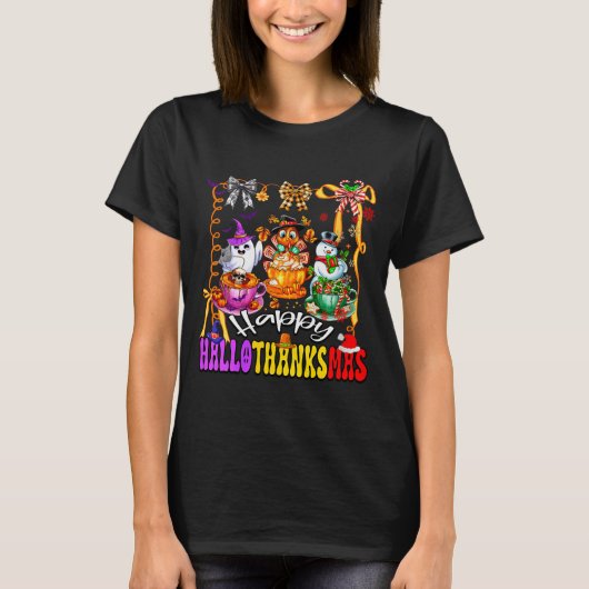 Womens Happy Hallothanksmas Coquette Bow Coffee La T-shirt (Voorkant)