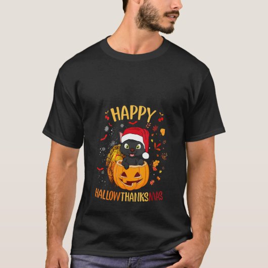 Womens Happy Hallowthanksmas Black Cat Santa Hat H T-shirt (Voorkant)
