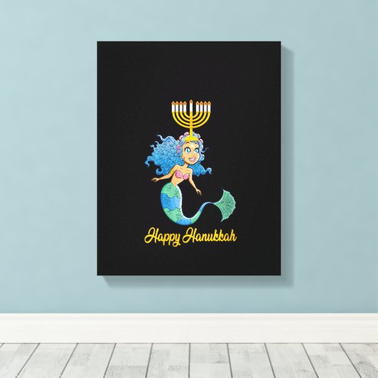 Womens Happy Hanukkah Menorah Mermaid Lover Funny Canvas Afdruk (Insitu (Houten vloer))