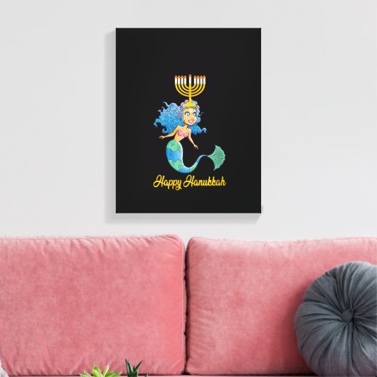 Womens Happy Hanukkah Menorah Mermaid Lover Funny Canvas Afdruk (Insitu (Woonkamer))