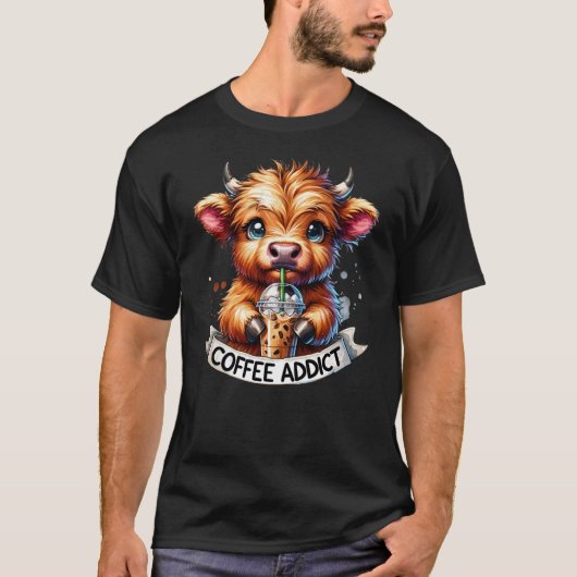 Women's Highland Cow Shirt Coffee Addict Cute Gift (Voorkant)