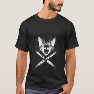 Womens Hissing Cat with Crossed Switchblade Knives T-shirt