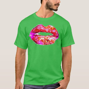 Womens Hot Pink Lips Kiss Neon 80s Lipstick Party T-shirt