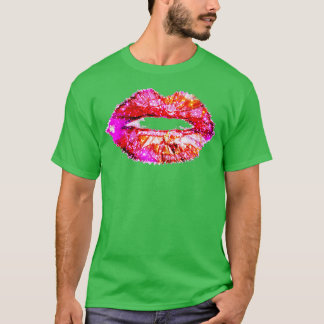 Womens Hot Pink Lips Kiss Neon 80s Lipstick Party T-shirt