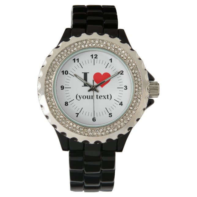 Women's I Heart Rhinestone Zwart emaille horloge (Voorkant)