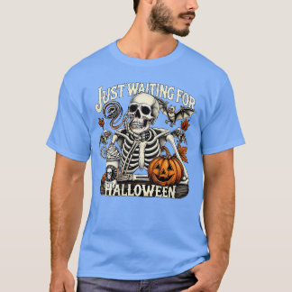 Womens Just Waiting For Halloween Skeleton Coffee  T-shirt