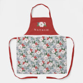 Womens Kerst Bloemen Patroon Naam Rood Schort (Voorkant)