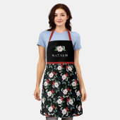 Womens Kerst Bloemen Patroon Naam Zwart Schort (Gedragen)