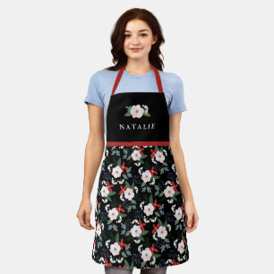 Womens Kerst Bloemen Patroon Naam Zwart Schort