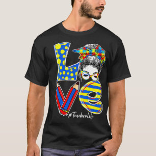 Womens LOVE Leerleraar Leven Bun Autism Awarenes T-shirt
