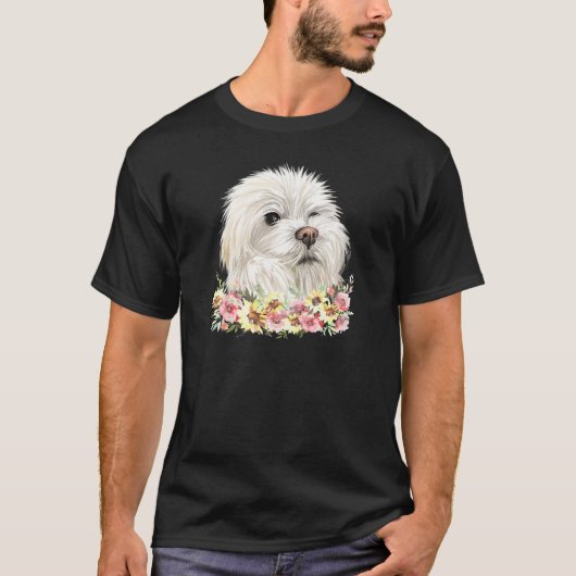 Womens Maltese Dog Floral T-shirt (Voorkant)