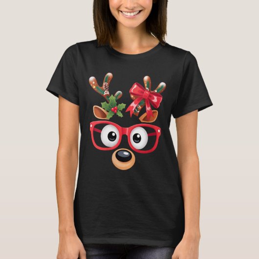 Womens Matching Family Christmas Reindeer Face Gle T-shirt (Voorkant)
