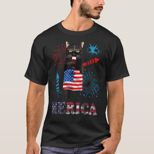 Womens  Merica Black Cat Wine Glass Firework USA F T-shirt (Voorkant)